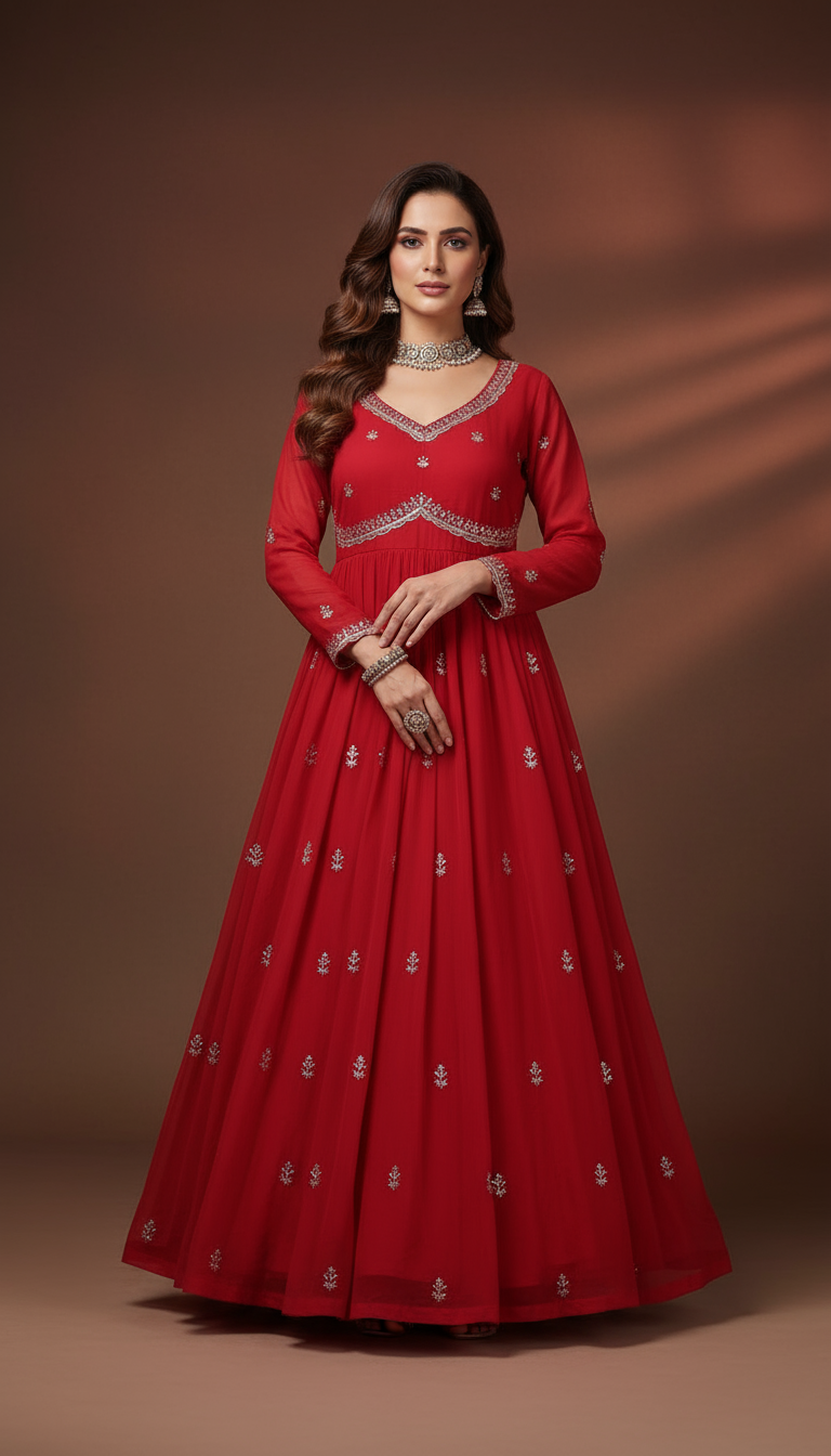 Regal Red Anarkali Gown with Silver Sequin Work and Flared Hem